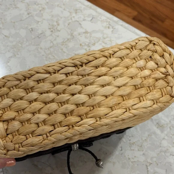 BRIGHTON Wicker Straw Purse Shoulder Bag Dark Brown Croc Leather Trim - Picture 10 of 11